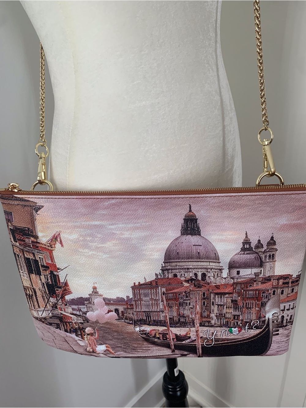 YNot Milano Printed Pink PVC Crossbody Bag with Gold Chain Strap